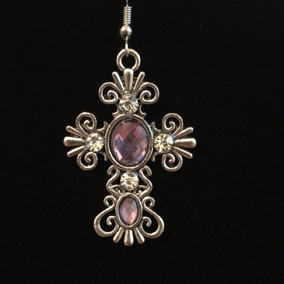 Rhinestone Cross Earrings - Light Purple - Picture 2 of 3